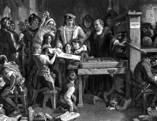 Trykpressen var en af Renæssancens store opfindelser. Her demonstreres den for Kong Edward d. 4. af England.