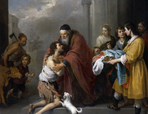 Oliemaleri af Bartolomé Esteban Murillo fra 1960´erne, som forestiller den kærlige og betingelsesløse velkomst, som den fortabte søn får af sin far, da sønnen vender hjem efter at have ødslet hele sin fars arv bort. Foto: Wikimedia Commons.