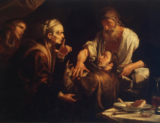 Med hjælp fra sin mor snyder Jakob sin gamle far Isak, så det er Jakob, der får sin fars velsignelse og førstefødselsretten - og ikke Esau, som det burde være. Maleri af Gioachino Assereto.