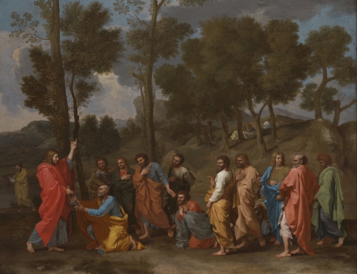 Jesus overdrager i Matthæusevangeliet de to nøgler til Himmeriget til Peter. Maleri af Nicolas Poussin. Foto: Wikimedia Commons
