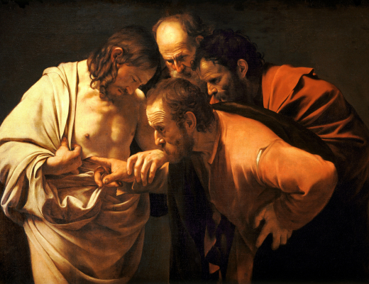 Da de andre disciple fortæller Thomas, at de har set den opstandne Kristus, vil Thomas kun tro det, hvis han selv kan stikke fingrene i Jesus’ sår. Han vil selv kunne sikre sig, at det faktisk er Jesus. Maleri af Caravaggio.