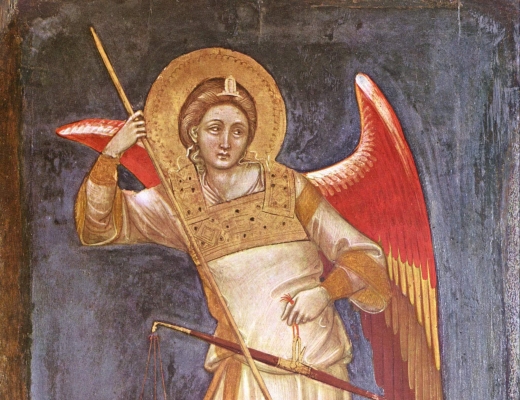 I middelalderen blev ærkeenglen Mikael ofte afbildet med en vægt i hånden. På den ene vægtskål lå ens syndige gerninger, og på den anden vægtskål lå sjælen. Men selvom de onde gerninger vejede tungest, var der alligevel hjælp at hente. Mikael prøvede nemlig at holde det onde væk. Maleri af Guariento di Arpo, Wikimedia Commons.