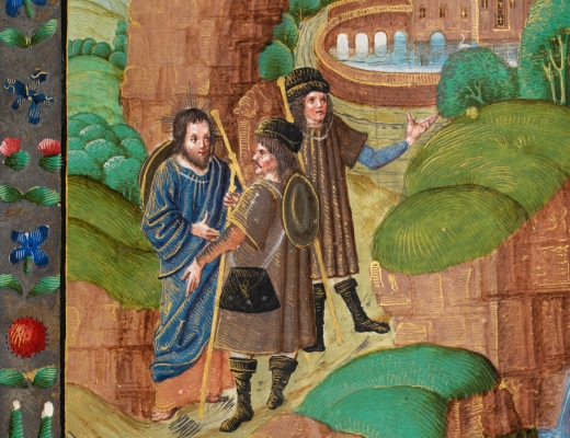 Vejen til Emmaus. Illustration fra manuskriptet Vaux Passional, ca. 1500, National Library of Wales. Kilde: Wikimedia Commons.