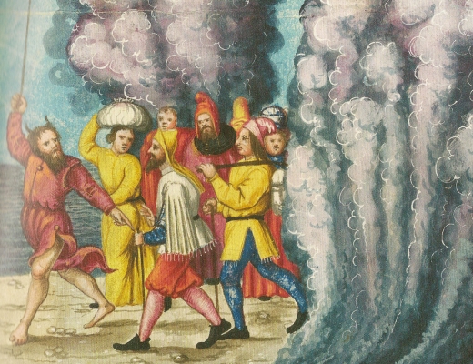 Moses deler vandene i Det røde hav, og israelitterne når tørskoede over, mens egypterne drukner. Augsburger Wunderzeichenbuch, ca. 1552. Kilde: Wikimedia Commons.