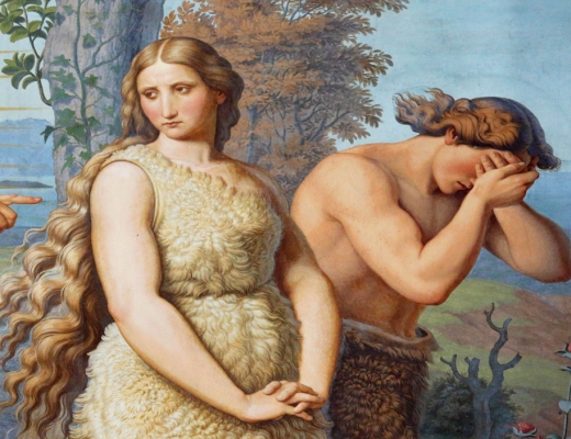 Adam og Eva bliver fordrevet. Illustration: Fresco af Johann von Schraudolph fra Speyerdomen, ca. 1850. Kilde: Shutterstock.