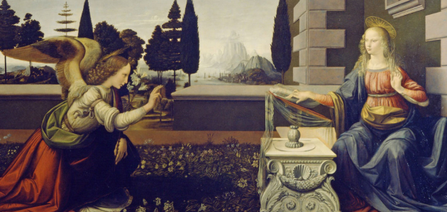 Maria får besøg af englen Gabriel, som fortæller hende, at hun skal føde Guds søn. Maleri af Leonardo da Vinci, ca. 1472. Kilde: Wikimedia Commons. 