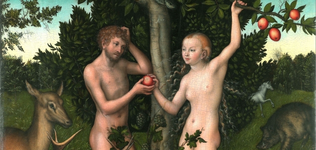 Adam og Eva lever i Paradisets Have indtil de forbryder sig mod Guds vilje. Maleri af Lucas Cranach den ældre.