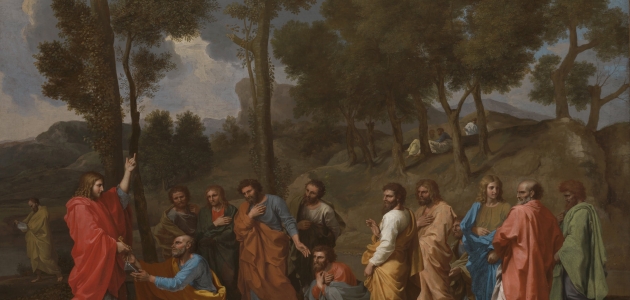 Jesus Kristus giver nøglerne til Peter. Maleri af Nicolas Poussin.