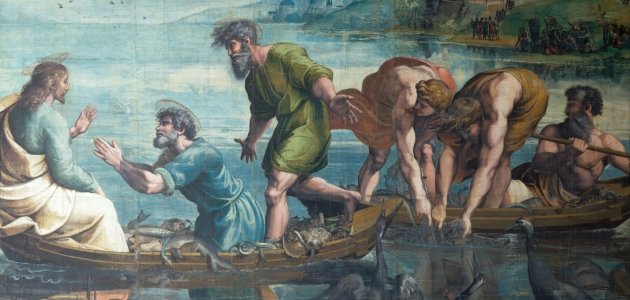I Lukasevangeliet fortælles det, hvordan Jesus hjælper Peter, Jakob og Johannes til at få en mirakuløs fangst. Maleri af Raphael.