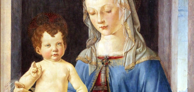 Maria og Jesusbarnet. Maleri af Verrocchio.