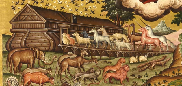 På Guds befaling bygger Noa sin enorme ark. Maleri af Theodore Poulakis.
