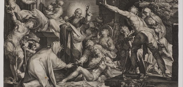 "The Raising of Lazarus", engraving by J. Muller after A. Wellcome. Wikimedia commons.
