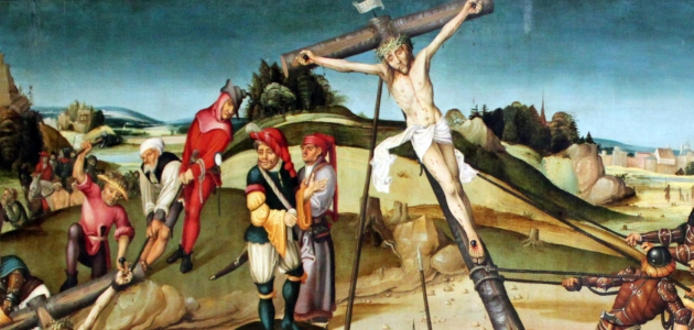 Langfredag bliver Jesus pint og dør på korset. Korset er et af de stærkeste symboler for kristne, da det er et tegn på liv og tro for kristne. Maleriet forestiller Jesus der bliver korsfæstet. Maleri fra Strasbourg.