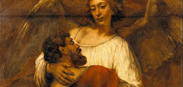 Jakob kæmper med englen. Maleri af Rembrandt.