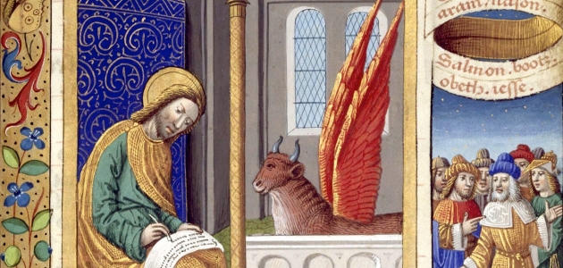 Evangelisten Lukas Illustration fra Livre d'heures de Charles VIII. Kilde: Wikimedia Commons.