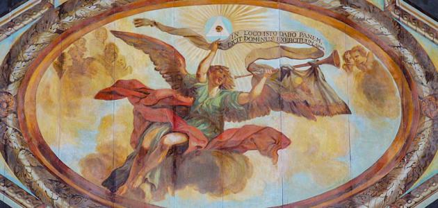 "På dette sted giver jeg fred, siger Hærskarers Herre." Haggajs Bog 2,9b. Loftsmaleri fra brasiliansk kirke. Kilde: Wikimedia Commons.