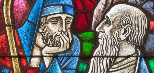 Jesus og Nikodemus. Glasmosaik af Albin Schweri fra St. Peter und Paul Kirche, Zürich. Kilde: Renata Sedmakova / Shutterstock.