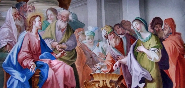 Den fattige enkes gave. Fresko fra klosterkirken i Ottobeuren. Kilde: Wikimedia Commons.