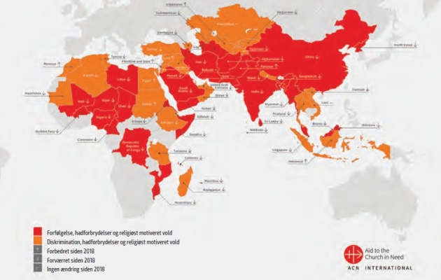 Kort over Lande med markante brud på religionsfriheden. Grafik: Aid to the Church in Need.