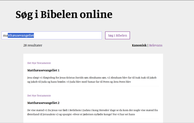 Bibelen kan læses gratis online med søgefunktion og mobilvenligt layout – en løsning, der hvert år bruges af over fire millioner besøgende. Foto: Screenshot af Bibelen Online
