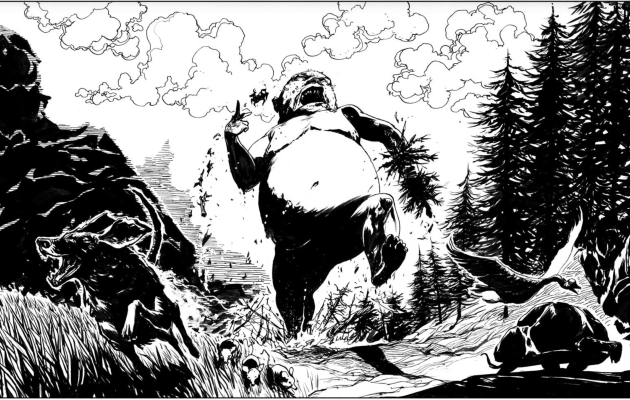 I historien om ”De skrækkelige gudssønner” vokser en kort bibelsk passage til en dramatisk fortælling om giganter, kaos og en verden, der går under. Illustration fra ”Usædvanlige bibelhistorier” af Kristian Eskild Jensen.