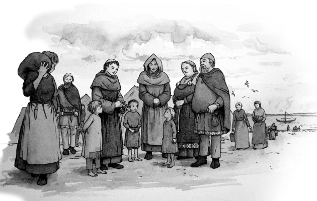 Ansgar køber slaver fri til sin skole og mission. Illustration: Claus Muldstrup.