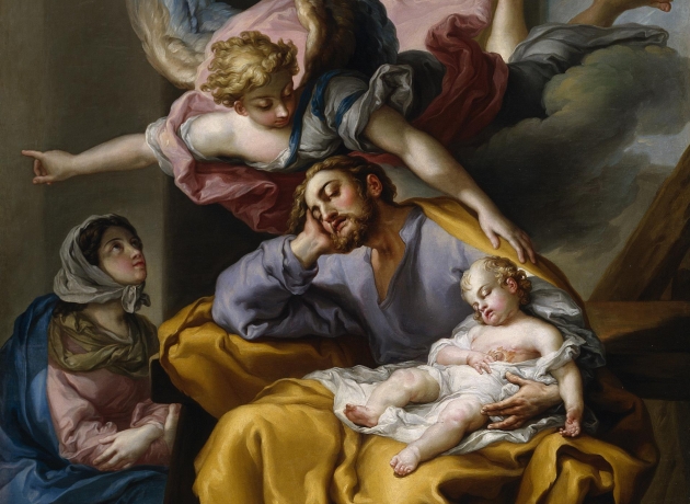 I en drøm siger englen til Josef, at han ikke skal være bange for at tage Maria til sig som sin hustru. Billede: "El sueño de San José" - Josefs Drøm, malet af Vicente López Portaña. Kilde: Wikimedia Commons.