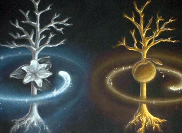 I Edens Have står to træer, Kundskabens Træ og Livets Træ. I Tolkiens mytologi findes også et par træer i Valinor, det paradisiske land, hvor de guddommelige væsener holder til: Solens Træ og Månens Træ. Illustration: Julia Pelzner.