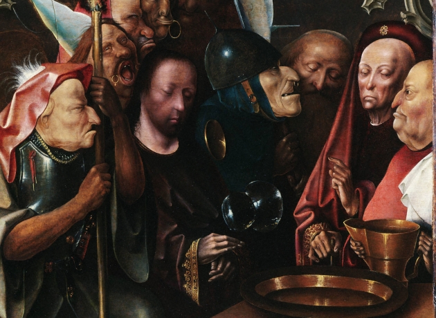 Pontius Pilatus taler med Jesus, og vasker sine hænder. Maleri af Hieronymus Bosch.