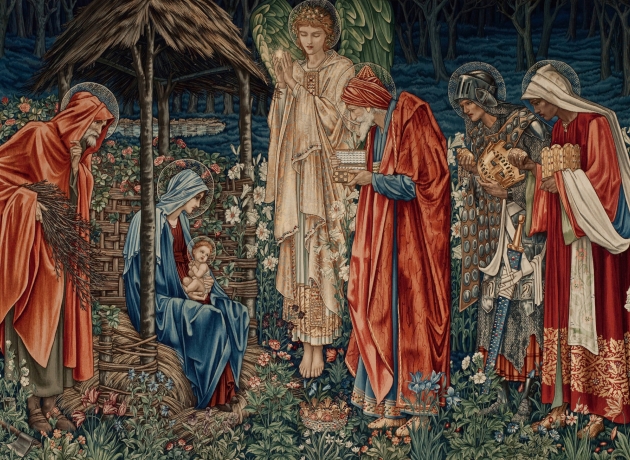 De helligtrekonger bringer gaver til Jesusbarnet. Gobelin af Edward Burne-Jones.