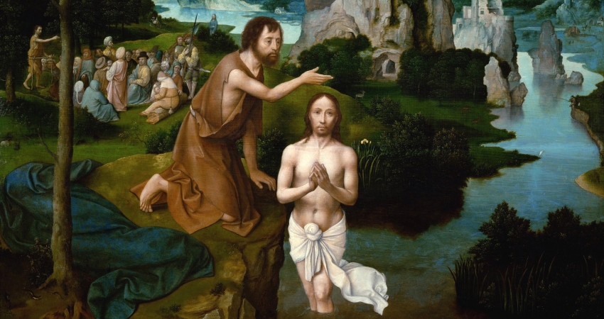 Johannes døber Jesus i Jordanfloden. Maleri af Joachim Patinir.
