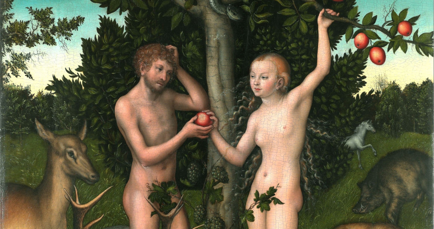 Adam og Eva lever i Paradisets Have indtil de forbryder sig mod Guds vilje. Maleri af Lucas Cranach den ældre.