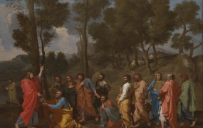 Jesus overdrager i Matthæusevangeliet de to nøgler til Himmeriget til Peter. Maleri af Nicolas Poussin. Foto: Wikimedia Commons
