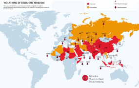 Kort over kristenforfølgelse fra rapporten Religious Freedom in the World, Aid to the Wourld in Need