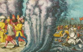 Moses deler vandene i Det røde hav, og israelitterne når tørskoede over, mens egypterne drukner. Augsburger Wunderzeichenbuch, ca. 1552. Kilde: Wikimedia Commons.
