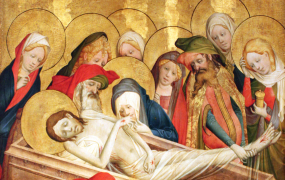Jesus lægges i graven. Illustration af Meister Francke. Kilde: Wikimedia Commons.