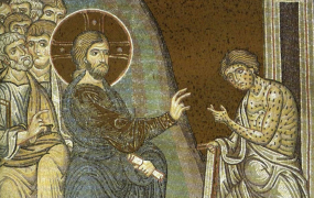 Jesus helbreder den spedalske. Mosaik fra domkirken i Monreale. Kilde: Wikimedia Commons.