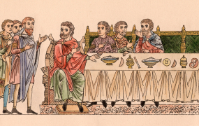 Lignelsen om pladserne ved bordet. Illustration fra middelalder-manuskriptet Hortus deliciarum, 1167-85. Foto: Akg-Images/Ritzau Scanpix.