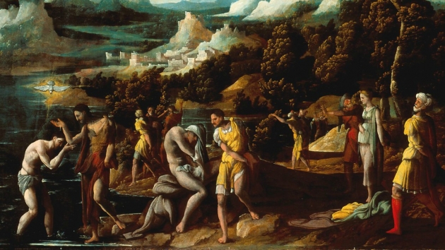 Jesus bliver døbt i Jordanfloden af Johannes Døber. Maleriet er fra ca. 1550 og hedder "The baptism of Christ". Findes på Indianapolis Museum of Art. Foto: Wikimedia commons.