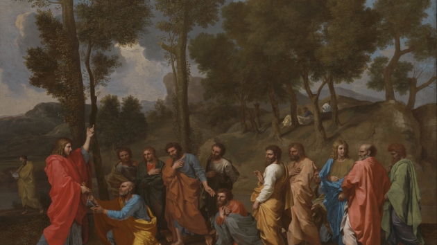 Jesus overdrager i Matthæusevangeliet de to nøgler til Himmeriget til Peter. Maleri af Nicolas Poussin. Foto: Wikimedia Commons