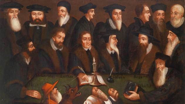 Reformatorerne Heinrich Bullinger, Girolamo Zanchi, John Knox, Huldrych Zwingli, Pietro Martir Vermigli, Martin Bucer, Hieronymus von Prag, William Perkins, Jan Hus, Philipp Melanchthon, Martin Luther, Jean Calvin, Theodore Beza og John Wyclif. I forgrunden ses en kardinal, en djævel, en pave und en munk, der forgæves forsøger at puste lyset ud. Maleri fra 1600-tallet.